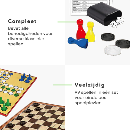 Cheqo® Bordspel Set - 99 Spellen in 1 - Gezelschapsspellen - Inclusief Dobbelstenen en Pionnen