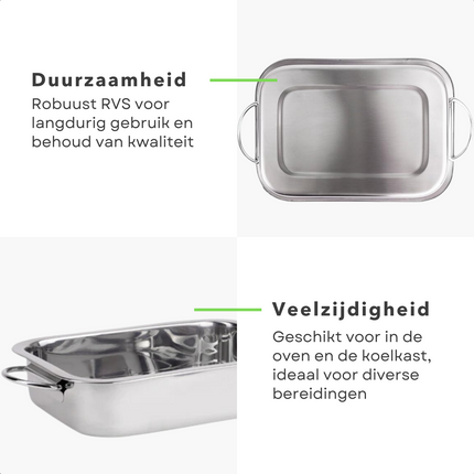 Cheqo® Diepe Ovenschaal RVS - Braadslee - Lasagneschaal - Grote Bakvorm 32x23cm - Bakvorm met Handgrepen - Roestvrijstalen Bakvorm - 4 Liter Inhoud - Geschikt voor Oven en Koelkast - Vaatwasserbestendig