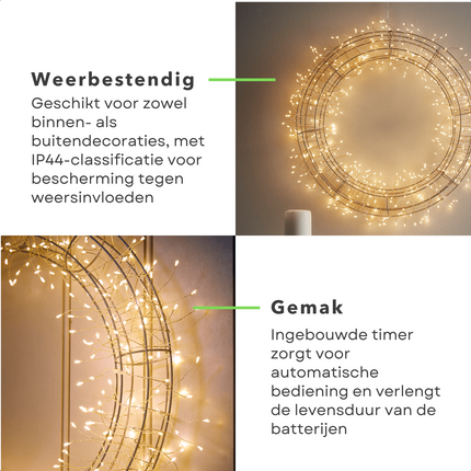 Cheqo® LED Kerstkrans - 300 LED's - Ø38 cm - Timer - Voor Binnen en Buiten - Warm Wit Verlichting - Microcluster - Kerstfiguur - Kerstversiering - Kerstverlichting - Voor Binnen en Buiten - Sfeerverlichting Kerstkrans