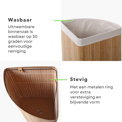 Cheqo® Bamboe Wasmand Hoekmodel - Wassorteerder met Waszak - 72L Opvouwbaar - Naturel met Deksel