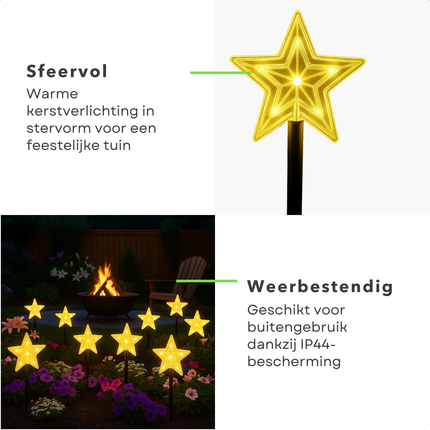 Cheqo® Tuinsteker Kerstster - LED Tuinstekers - Kerstverlichting Buiten - Set Van 5 - Met Timer - Op Batterijen - Warm Wit Licht - Acryl Kerstster - Kunststof Grondpen - IP44 Geschikt Voor Buiten - Automatische Timer - 8 Uur Aan 16 Uur Uit
