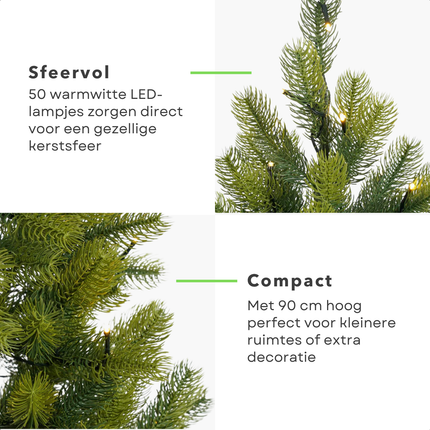 Cheqo® Kunstkerstboom Met LED Verlichting - Mini Kerstboom op Batterijen - Tafelkerstboom - Compacte Kerstdecoratie - Warm Witte LED Lampjes - Luxe Takken - Eenvoudig Op Te Zetten - Kerstboom In Pot - 90 CM Hoog