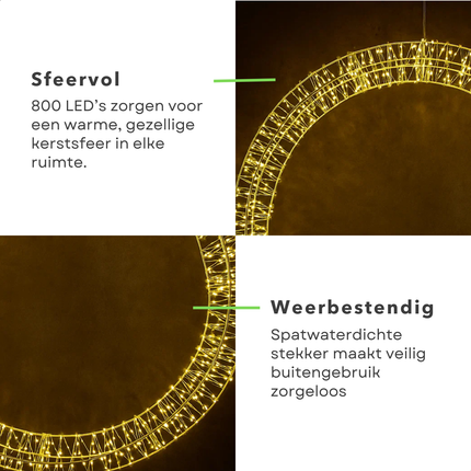 Cheqo® Kerstkrans LED - Kerstverlichting Krans - Warm Witte LED - Metalen Cirkel - IP44 Stekker - Timerfunctie - Buitenverlichting Wit - Raamdecoratie Kerst - Tuinverlichting - Kerstdecoratie - Kerst Krans - Deurkrans