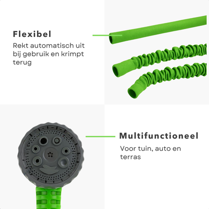 Cheqo® Flexibele Tuinslang Set - Uitrekbare Tuinslang - 7.5-15M Uittrekbaar - Inclusief Sproeikop - Kunststof