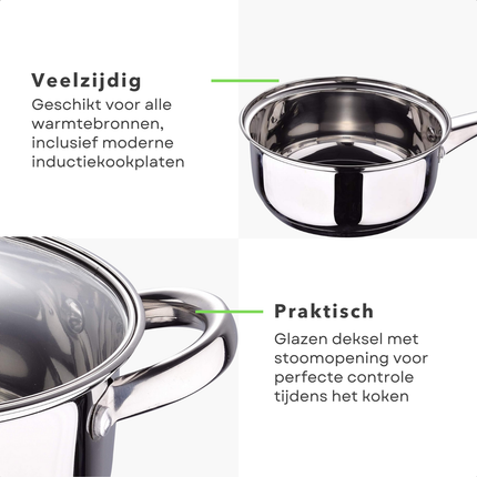 Cheqo® Roestvrijstalen Pannenset – 8-Delige Pannenset – Geschikt voor Inductie & Alle Warmtebronnen – Vaatwasmachinebestendig – Glazen Deksel met Stoomgat – PFAS-Vrij – Met Maataanduiding – Kookpan met Deksel – Sauspan met Deksel
