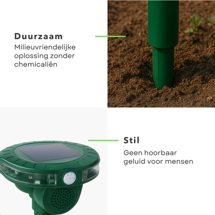 Cheqo® Ultrasone Ongediertje Verjager - Mollen Verjager - Mollenverjager op Zonne Energie - Insectenverjager - Bewegingssensor - Spatwaterdicht - Voor Tuin