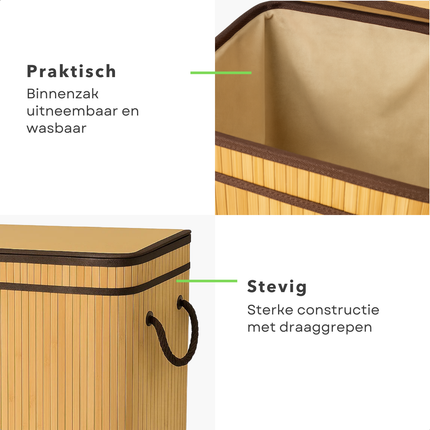 Cheqo® Bamboe Wasmand - Wasmand met Deksel - Uitneembare Wasbare Binnenzak - 72 Liter - Natuurlijk Bruin - Klapdeksel - Wasmand 1 Vak