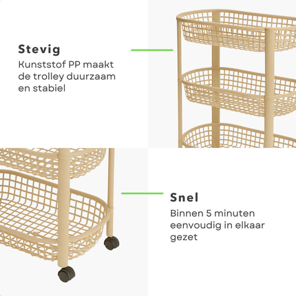Cheqo® Keukentrolley Op Wielen - Verrijdbare Keukentrolley - 4 Lagen Trolley - Kunststof Trolley - Beige Keukentrolley - Opbergtrolley Met Manden - Keuken Opbergoplossing - Compacte Keukentrolley - Keuken Organizer - Badkamer Organizer