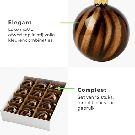 Cheqo® Glazen Kerstballen - Set van 12 - Bruine Kerstballen - 8 CM Diameter - Glanzende Kerstballen - Kerstboomversiering - Kerstversiering - Bruin met Zwart en Goud - Goudkleurig Kapje - Kerstbal Set - Glazen Kerstornamenten - Bruine Tinten