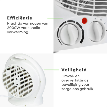 Cheqo® Krachtige Elektrische Ventilatorkachel - 2000W - Thermostaat en Oververhittingsbeveiliging - Verwarming - Elektrische Verwarming voor Binnen - Ventilatorkachel - Keramische Kachel - Heater