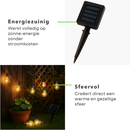 Cheqo® Solar Feestverlichting - 10 Lampen - Warm Wit Licht - Vervangbare Batterij - Tuinverlichting Op Zonne-Energie - Lichtslinger Buiten - Sfeerverlichting - Transparante Lampen - Energiezuinig - Tuin Decoratie