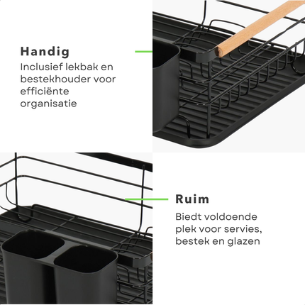 Cheqo® Metalen Afwasrek - Afdruiprek - Vaatdroger - Zwart - Vaatwasrek - Keukenrek - Met Lekbak en Bestekhouder