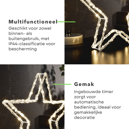 Cheqo® Luxe Kerstster - 80 LED's - Timer - Op Batterijen - Binnen en Buiten - 32 cm - Kerstverlichting - Kerst Figuur - Kerstlampjes - Kerstversiering - Lichtslinger - Voor Binnen en Buiten - Metalen Frame - Acryl - 30 x 32 x 5 cm - Energiezuinig Verlichte Kerstfiguren