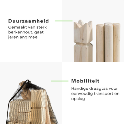 Cheqo® Houten Kubb Spel - Berkenhout - Werkspel - Inclusief Draagtas - Voor Kinderen - 21 Onderdelen