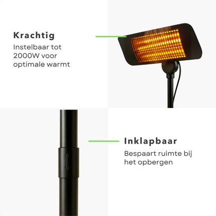 Cheqo® Terrasverwarmer Infrarood - Verstelbare Staande Heater - Elektrisch - Spatwaterdicht IP24 - Infrarood Verwarming Staand