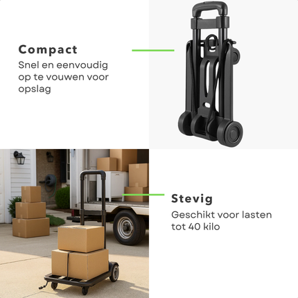 Cheqo® Opvouwbare Steekwagen - Hand Truck - Draagvermogen 40 KG - Compacte Trolley - Stevige L-Vorm - 4 Wielen - Elastiek met Haak - Duurzame Materialen - Lichtgewicht Ontwerp - Eenvoudig op Te Bergen - Geschikt voor Verhuizing