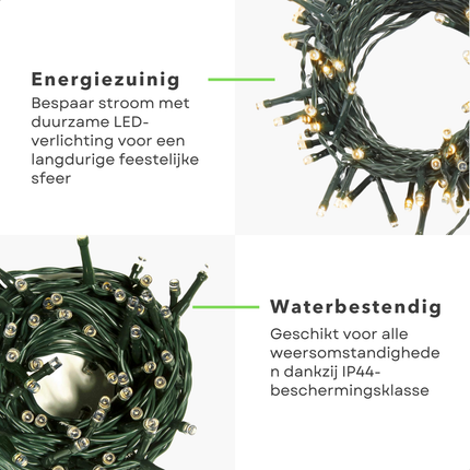 Cheqo® Kerstverlichting - Kerstboomverlichting - Kerstlampjes - 13.5M - Warm Wit LED - IP44 Buitenverlichting - 180 Lampjes - Groen Snoer