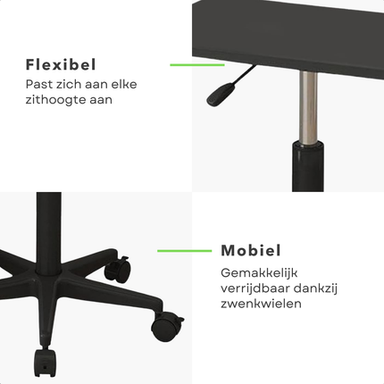 Cheqo® Verstelbare Bijzettafel op Wieltjes - Nachtkastje - Bedtafel - Tafelt - Banktafel - Laptoptafel - Bijzet Tafel Wielen - MDF Zwart