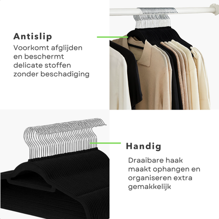 Cheqo® Anti-Slip Kledinghangers - Kledinghangers Met Broeklat - Zwarte Kledinghangers - 360 Graden Draaibare Haak - Ruimtebesparende Hangers - Set Van 50 Stuks - Ultradunne Hangers - Flexibele Kleerhangers - Verchroomde Haak