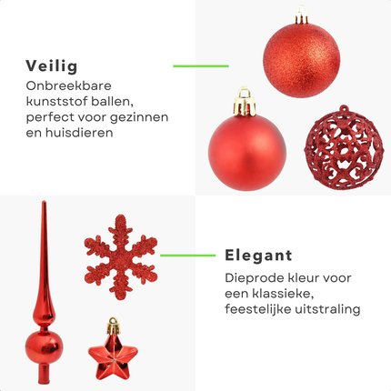 Cheqo® 111-delige Kerstballenset - Kerstballen Set - Onbreekbaar Polystyreen - Rode Versiering - Verschillende Maten