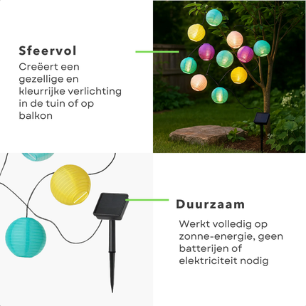 Cheqo® Solar Lampionnen Slinger - LED Lampionnen - Tuinverlichting Op Zonne-Energie - Buitenverlichting Lichtslinger - Kleurrijke Lampionnetjes - Solar Lichtsnoer - Sfeerverlichting Buiten - Zonnepaneel Verlichting - Feestverlichting Tuin