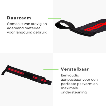 Cheqo® Polsbeschermers voor Krachttraining - Set van 2 CrossFit Polsband Polsbandage - Polsbrace - Verstelbare Wrist Wraps - Zwart met Rood