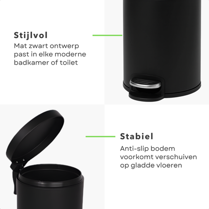 Cheqo® Pedaalemmer 5 Liter - Mat Zwarte Prullenbak - Badkamer Prullenbak - Toilet Afvalbak - Kleine Pedaalemmer - Metalen Pedaalemmer - Anti-Slip Bodem - Uitneembare Binnenemmer - Pedaalemmer Voor Badkamer - Pedaalemmer Voor Toilet