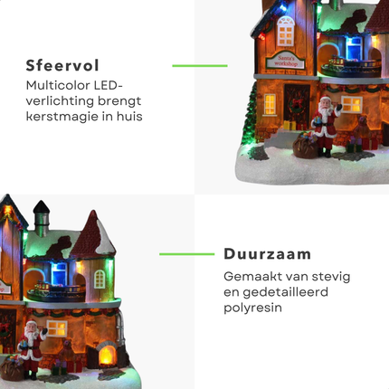 Cheqo® Kersthuisje Polyresin - Kersttafereel - Kerstdorp Huisje - Verlichting & Beweging - LED Trein