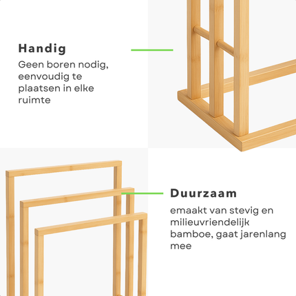 Cheqo® Handdoekenrek Badkamer - Handdoekrek Bamboe - Handdoek Rek Vrijstaand - Zonder Boren - 3 Hoogtes