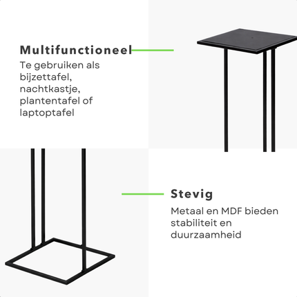 Cheqo® Bijzettafel - Zwarte Bijzettafel - Sidetable - Zwarte Sidetable - Banktafel - Zwarte Banktafel - Eindtafel - Nachtkastje - Zwart Nachtkastje - Bedtafel - Laptoptafel - Laptoptafel Voor Bank - Plantentafel - Plantenstandaard - Zuil Tafel