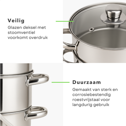 Cheqo® Ontsapper - Stoomextractor - RVS - 26 cm - Sappan - Stoompan - Geschikt voor Inductie - Glazen Deksel - Siliconen Slang