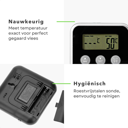 Cheqo® Digitale Kernthermometer - Voedselthermometer - Keukenthermometer - Nauwkeurige Vleesthermometer RVS - Voor BBQ en Oven
