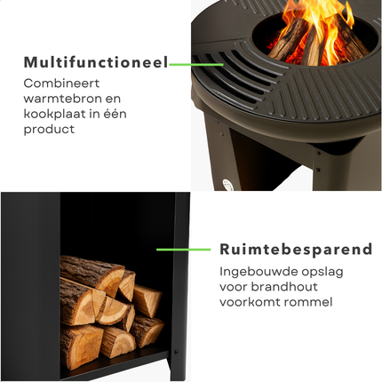 Cheqo® Vuurkorf met BBQ - Barbecue Roestvrij Staal - Grillring - Plancha Grill - Vuurschaal - Buitenkeuken met Houtopslag - 2-in-1 Grill en Terrashaard - Inclusief Teppanyaki Plaat
