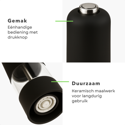 Cheqo® Elektrische Peper- En Zoutmolen - Zout & Pepermolen Stel Elektrisch - Verstelbare Maalgraad - Keramische Molen - Met Drukknop - Met Licht - Set Van 2 Stuks - ABS Kunststof - RVS Onderdelen - Zwart - Op Batterijen - Luxe Kwaliteit