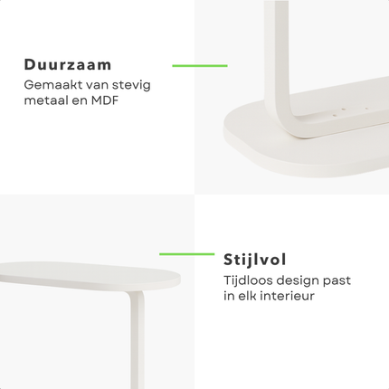 Cheqo® Bijzettafel Wit - Banktafel Metaal - Bijzet Tafel - Mdf Blad - C-Vormig Ontwerp - Compact Formaat - Wit Onderstel - Metaal Frame - Lichte Bijzettafel - Sidetable - Tafeltje - Bedtafel - Modern Design - Geschikt Voor Woonkamer