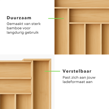 Cheqo® Uitschuifbare Bamboe Bestekbak - Keukenlade - Besteklade Uitschuifbaar - Verstelbare Lade Organizer - Bestekhouder - Hout