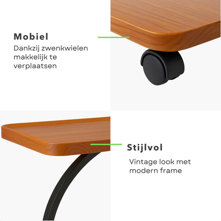Cheqo® Bijzettafel Op Wieltjes - Moderne Bijzettafel C Vorm - Zwart Frame - Vintage Bruin Blad - MDF En Metaal - Zwenkwielen - Zonder Wieltjes - Opstaande Rand - Bijzettafel Woonkamer - Bijzettafel Industrieel - Bijzettafel Bank