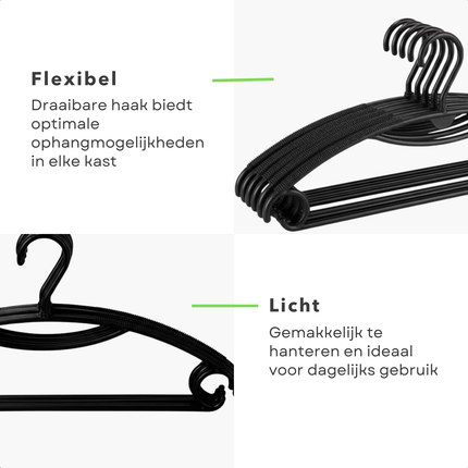 Cheqo® Kledinghangers - Kleerhanger - Kleding Hanger Zwart - Kleeerhangers Set Van 5 - Hangers - Draaibare Haak - Inkepingen Voor Bandjes - Kledinghangers Set - Kledingopslag - Garderobe Opruimen - Kleding Organisatie