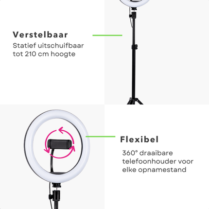 Cheqo® Ringlamp Met Statief - Selfie Ringlight - 20 cm Diameter - 80 LEDs - Verstelbaar Statief - 210 cm Hoogte - Drie Lichtmodi - 360° Draaibare Telefoonhouder - USB Voeding - Dimbare Verlichting - TikTok En YouTube - Contentmakers
