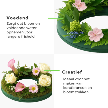 Cheqo® Steekschuim Ring - Kerstkrans Maken - Oase Ring - Nat Steekschuim - Groen Steekschuim - Kerstdecoratie - Bloemen Water Geven - Bloemen Op Hun Plaats - Diameter 25 Cm - Ronde Steekschuim - Kerstkrans Decoratie - Steekschuim Voor Bloemen