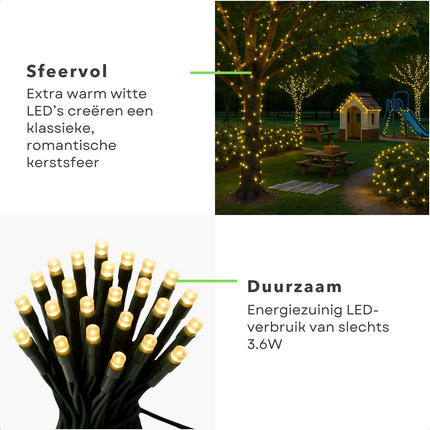 Cheqo® Kerstverlichting - Kerstlampjes - Kerstboomverlichting - Extra Warm Wit - 192 LED - Kerstverlichting Binnen en Buiten - Lichtsnoer - 8 Lichtfuncties - Automatische Timer - IP44 Adapter - Verlichte Lengte 240 CM - Geheugenfunctie