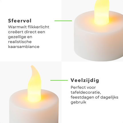 Cheqo® LED Theelichten Elektrisch - Flikkerend Warmwit Licht - Witte LED Kaarsen - Theelicht Set - Elektrische Waxinelichtjes - Decoratief Licht - Vervangbare Batterijen - Set Van 6 Waxine Lichtjes - Kaarsjes Elektrisch