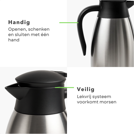Cheqo® Thermoskan 2 Liter - RVS Thermoskan - Dubbelwandige Thermoskan - Lekvrije Thermoskan - Isolerende Kan - Warme en Koude Dranken - Thermoskan met Handgreep - 1-Hand Bediening - Roestvrij Staal - Thermoskan voor Koffie
