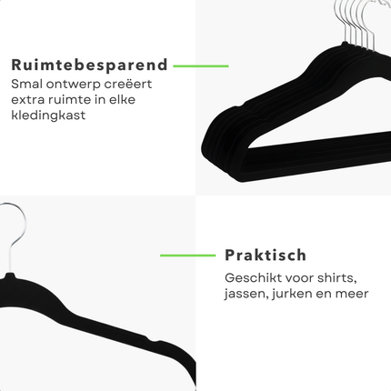 Cheqo® Velvet Kledinghangers - Zwarte Kledinghangers - Antislip Hangers - Kleerhaners - Slank Ontwerp - Draaibare Metalen Haak - Kleerhanger - Kledinghangers Met Inkepingen - Set Van 6 Hangers - Geschikt Voor Alle Soorten Kleding