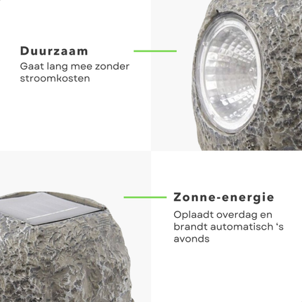 Cheqo® Solarlamp Steen - Grondspots - Decoratieve Tuinverlichting - Zonne-energie - Grijs Polyresin