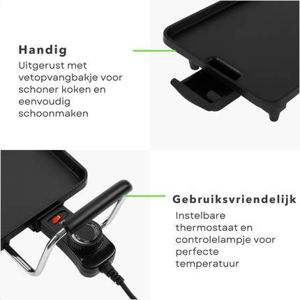 Cheqo® Teppanyaki Grillplaat - XL Bakplaat - 1800W Vermogen - Tafelgrill - Instelbare Thermostaat - Social Dining - Elektrisch Koken - Gemakkelijk Te Reinigen - Met Vet Lekbakje - Handvatten - Gourmet Grillplaat - Grote Grilloppervlak