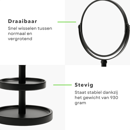 Cheqo® Make-Up Spiegel met Oganizer - Scheer Spiegel - Vergroot Spiegel - Makeup Spiegel met Houder - Zwart - Dubbelzijdig - Metaal