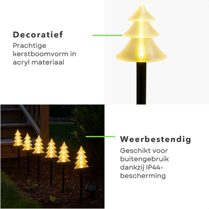 Cheqo® LED Tuinsteker - Kerstboom Tuinsteker - Warm Witte LED Verlichting - Set Van 5 - Met Timer - Acryl Kerstboom - Kunststof Grondpen - Werkt Op Batterijen - Automatische Timer - IP44 Geschikt Voor Buiten - 3xAA Batterijen - Hoogte 37cm