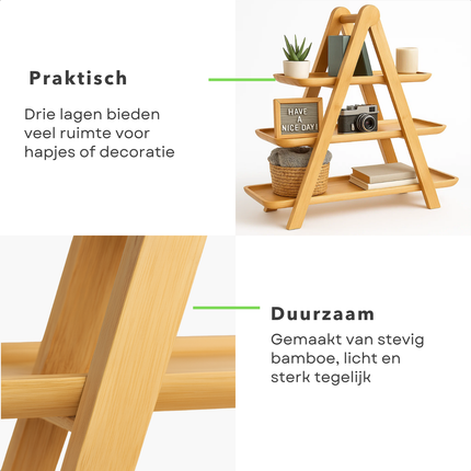 Cheqo® Etagere Bamboe - 3 Laags - Serveertoren - Bamboe Hout - Presenteerschaal - High Tea - Bamboe Serveerplateau - Bamboe Presentatie - Bamboe Serveertray - Hapjes Presenteren - Bamboe Decoratie - Bamboe Design