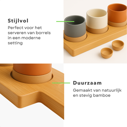 Cheqo® Tapas Serveerset - Serveerplank - Tapas Set op Bamboe Plank - Hapjes Plank - Hapjesplank - Borrelplank - Aardewerk Schaaltjes